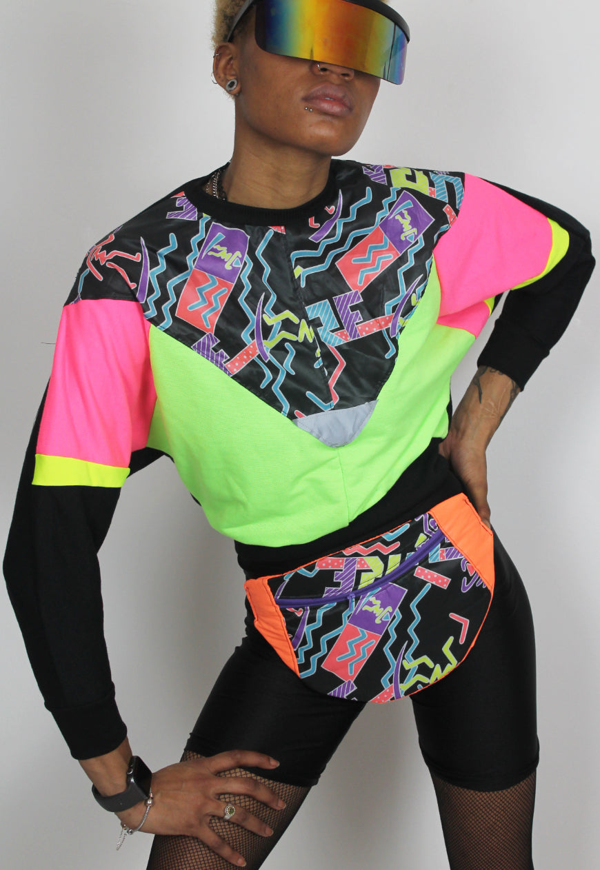 Glow Up - 80's surf print neon colour block batwing jumper