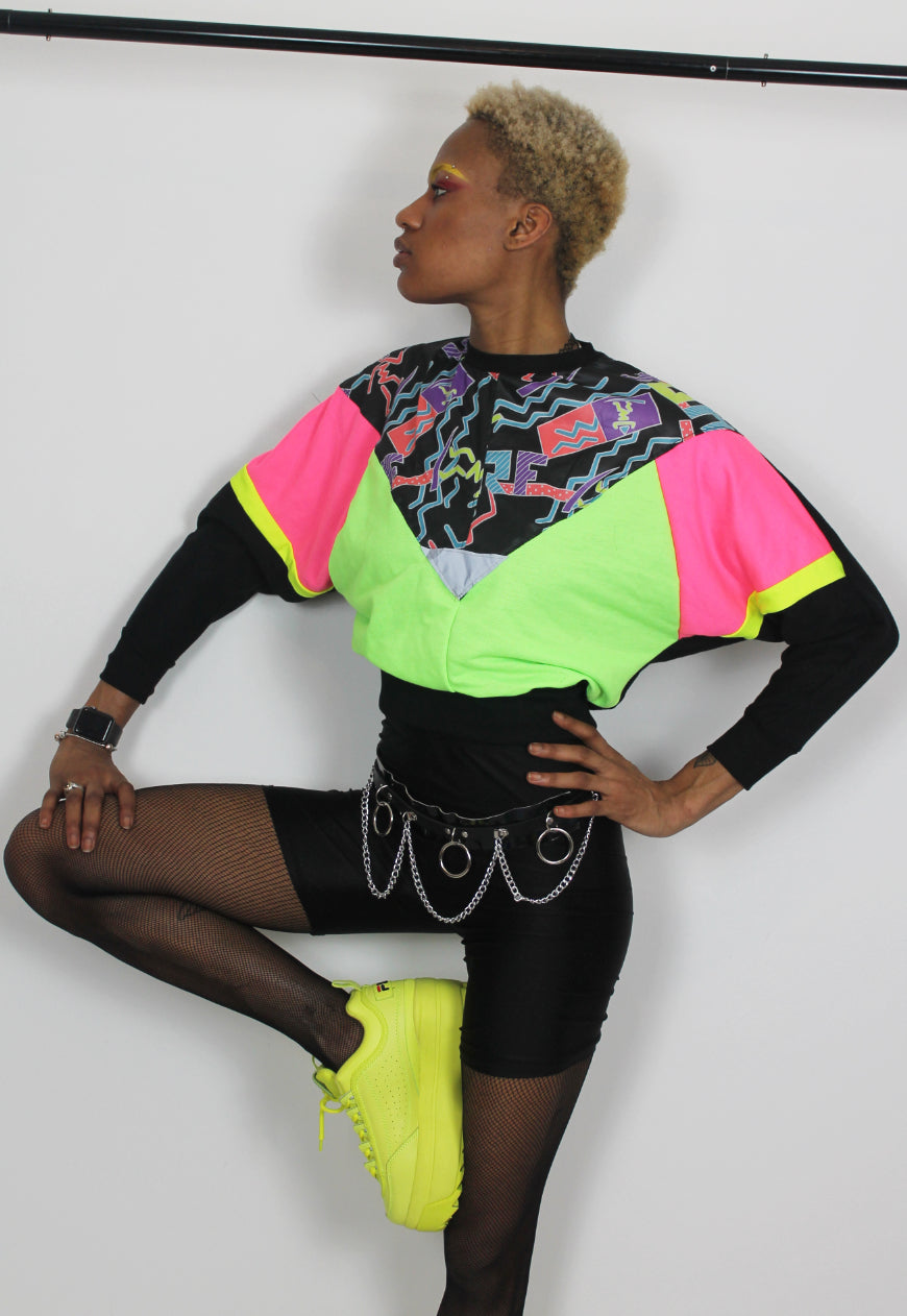 Glow Up - 80's surf print neon colour block batwing jumper