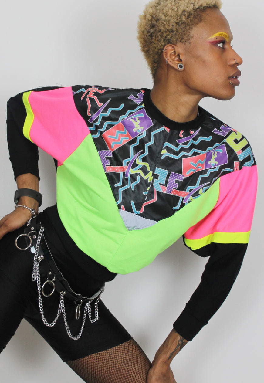 Glow Up - 80's surf print neon colour block batwing jumper