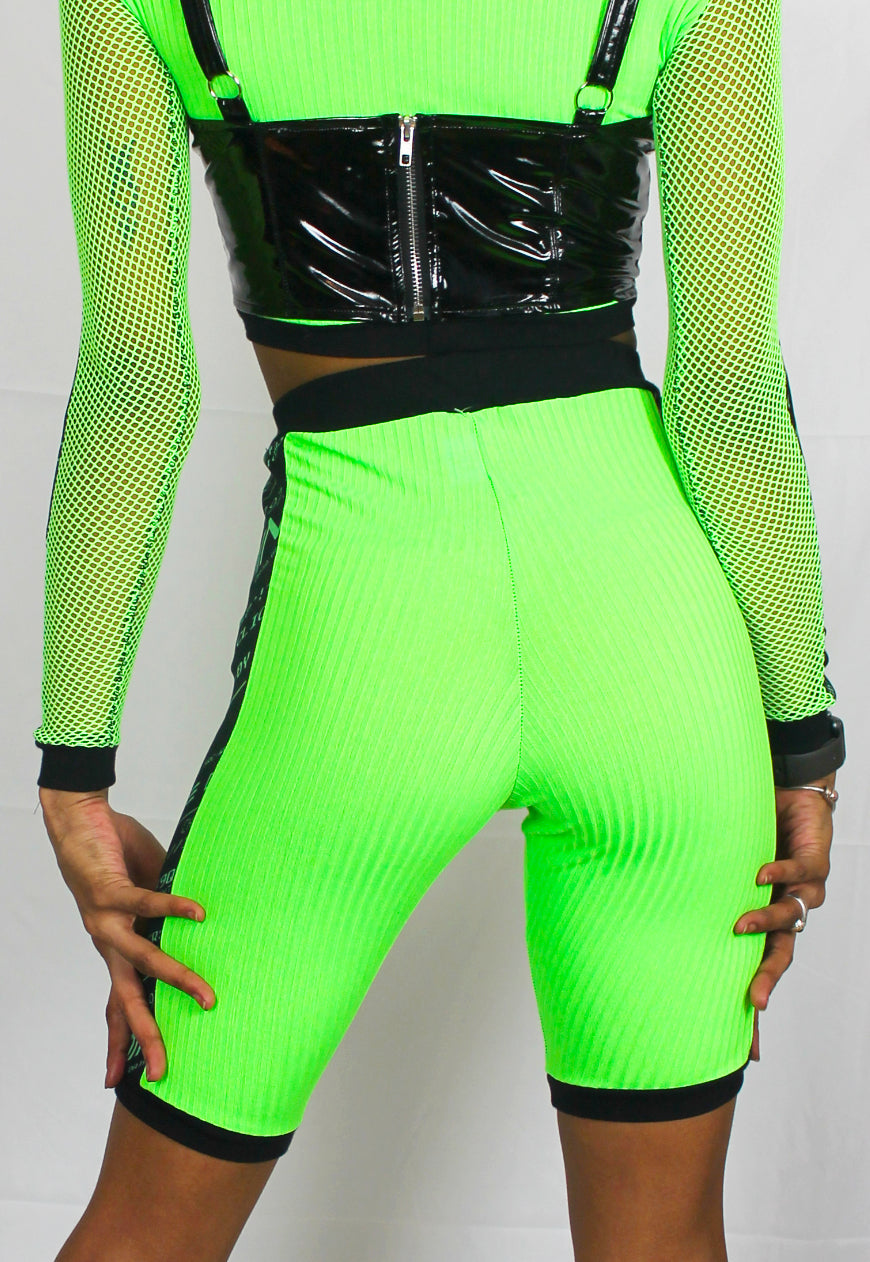 Hard Drive - Neon green cycling shorts with Y2K printed panel