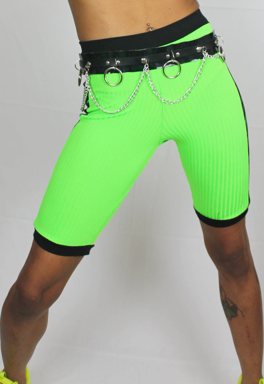 Hard Drive - Neon green cycling shorts with Y2K printed panel