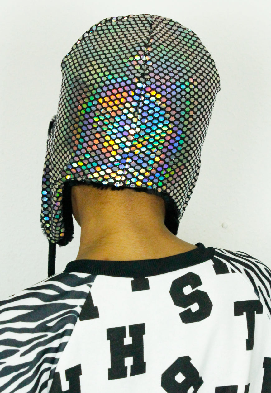 HOLOGRAPH Holographic deerstalker with black luxury faux fur lining