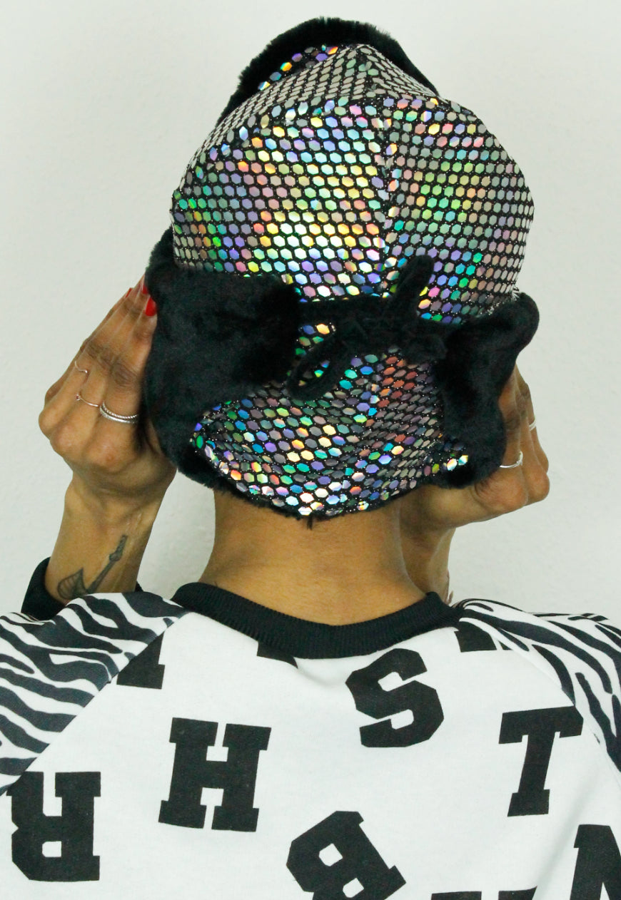 HOLOGRAPH Holographic deerstalker with black luxury faux fur lining