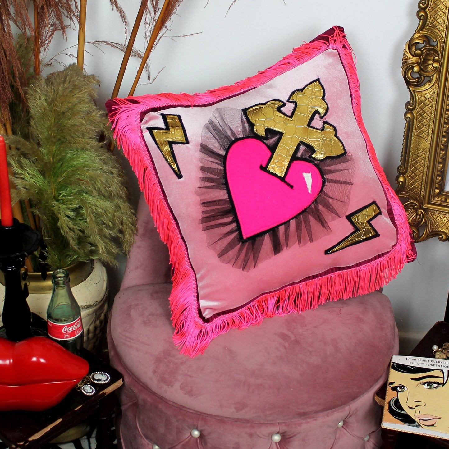 Hearts and Daggers - handmade decorative throw cushion in pink with heart and cross design