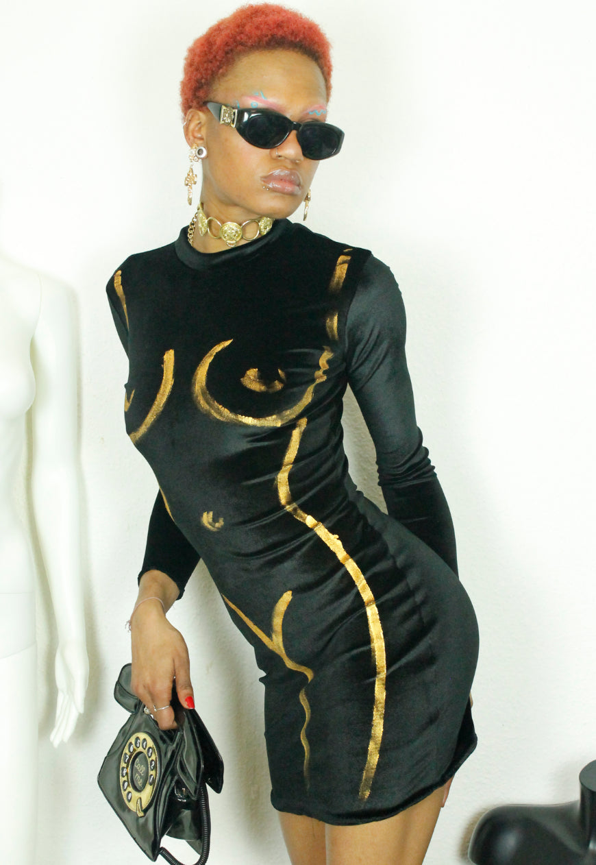 ICON Black velvet long sleeve minidress with hand painted gold body contour
