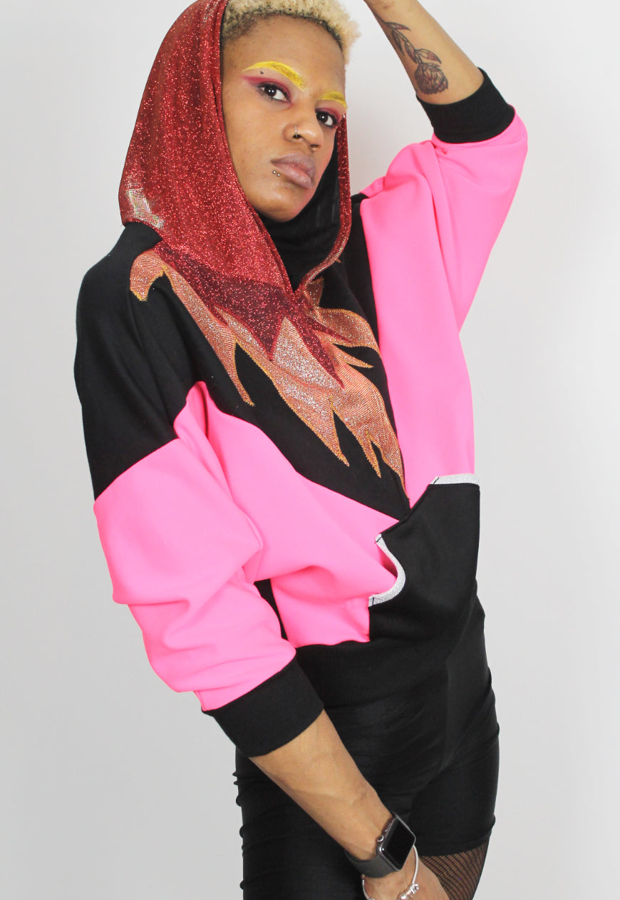 Fuego - Batwing hooded top in hot pink with glitter hood and flame appliqué
