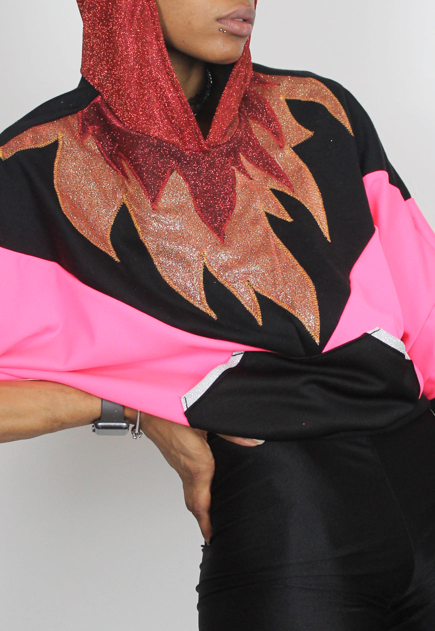 Fuego - Batwing hooded top in hot pink with glitter hood and flame appliqué