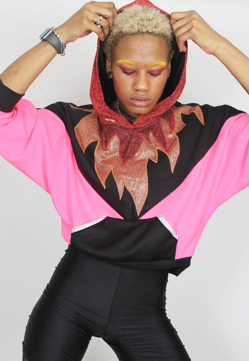 Fuego - Batwing hooded top in hot pink with glitter hood and flame appliqué