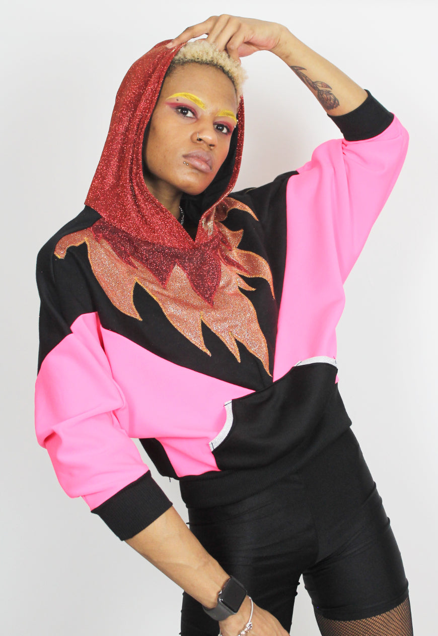 Fuego - Batwing hooded top in hot pink with glitter hood and flame appliqué