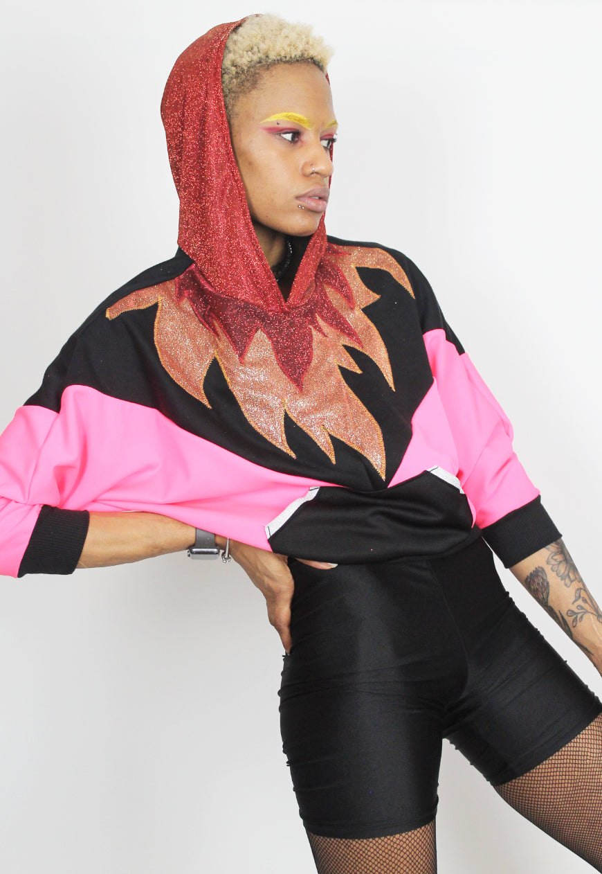 Fuego - Batwing hooded top in hot pink with glitter hood and flame appliqué