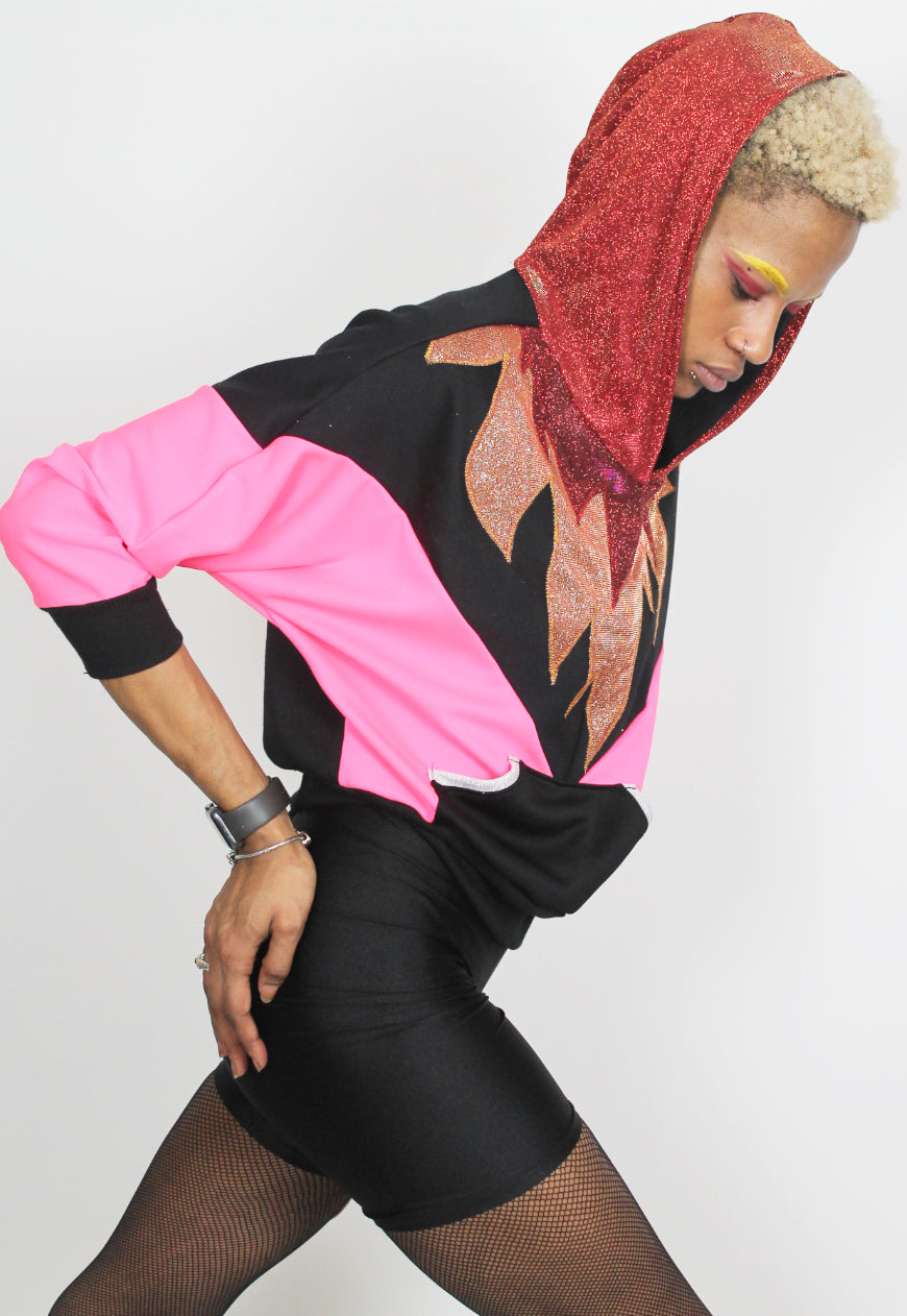 Fuego - Batwing hooded top in hot pink with glitter hood and flame appliqué