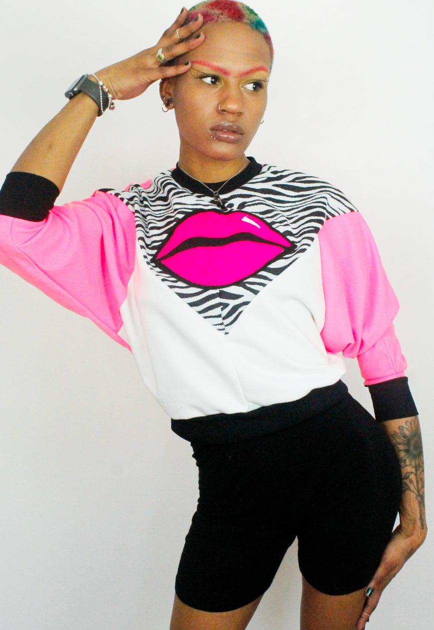 Juicy Kisses Zebra - Zebra and pink batwing sweater with pink lips