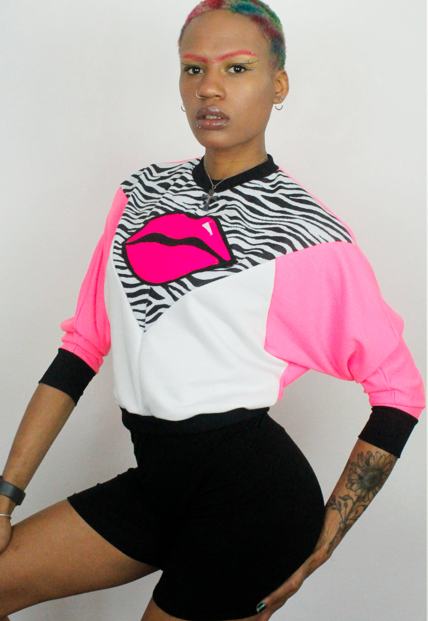 Juicy Kisses Zebra - Zebra and pink batwing sweater with pink lips