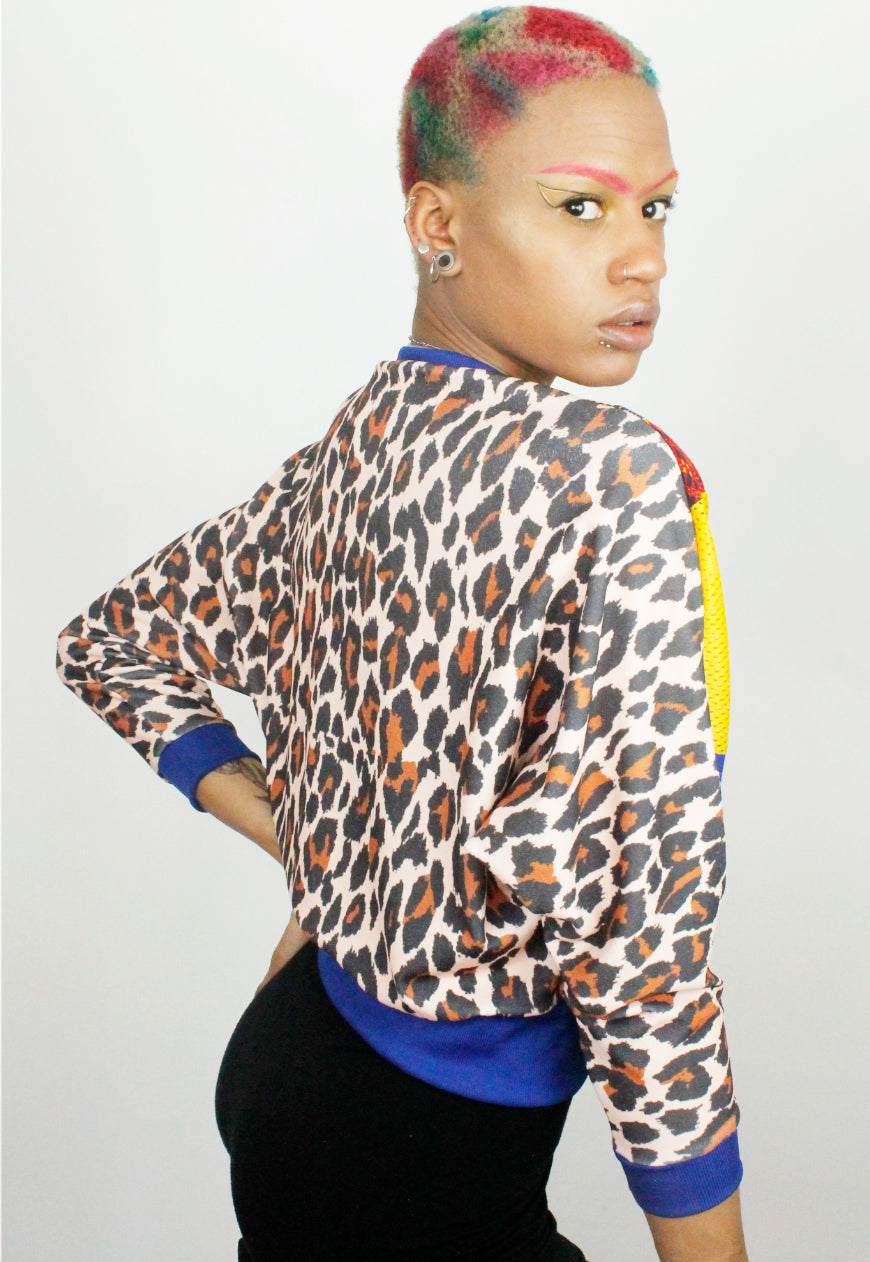 Kente - Leopard print and colour block batwing sweater with kente panel
