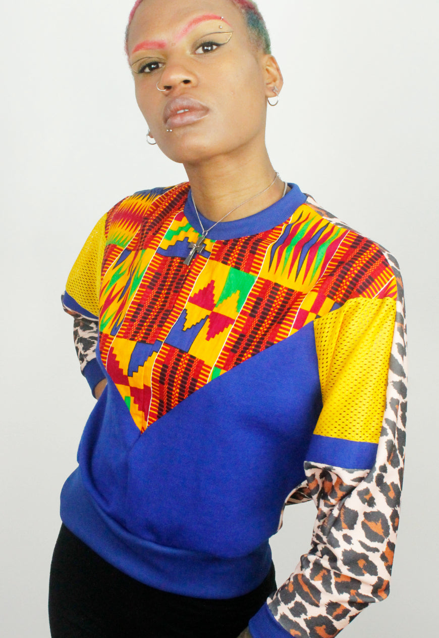 Kente - Leopard print and colour block batwing sweater with kente panel