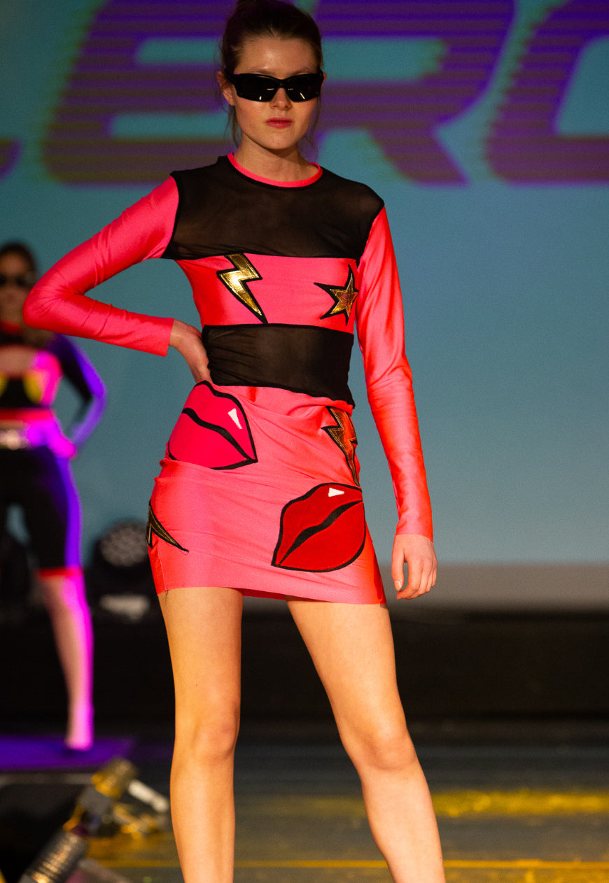 KISS KISS BANG BANG Neon pink Bodycon dress with lips lightening bolt and star applique,