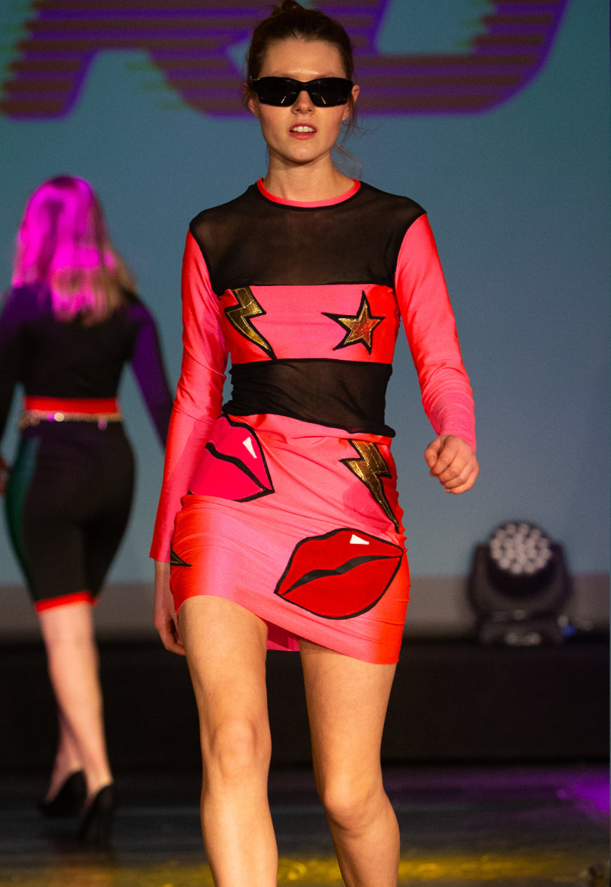 KISS KISS BANG BANG Neon pink Bodycon dress with lips lightening bolt and star applique,