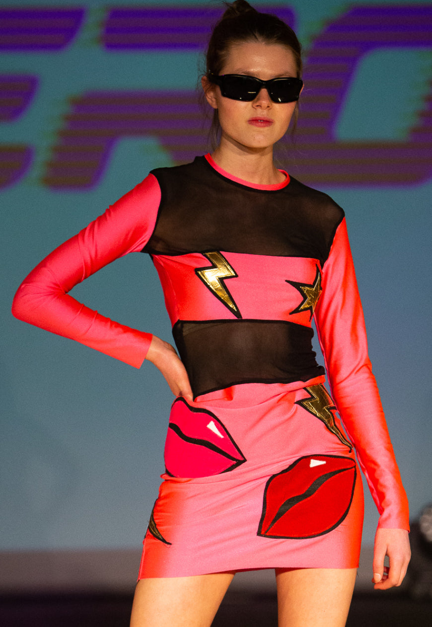 KISS KISS BANG BANG Neon pink Bodycon dress with lips lightening bolt and star applique,