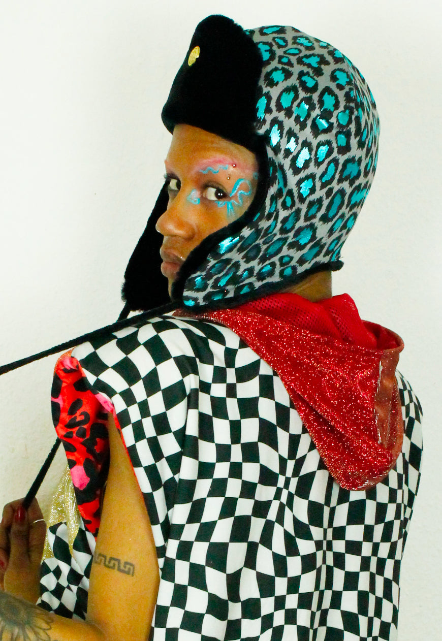 LEO Metallic Blue leopard trapper hat with black faux fur lining