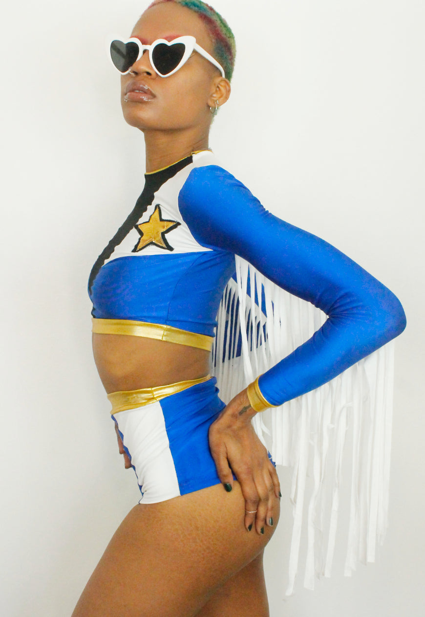 Lone Star - Blue and White mesh front Festival Fringe top with Gold stars