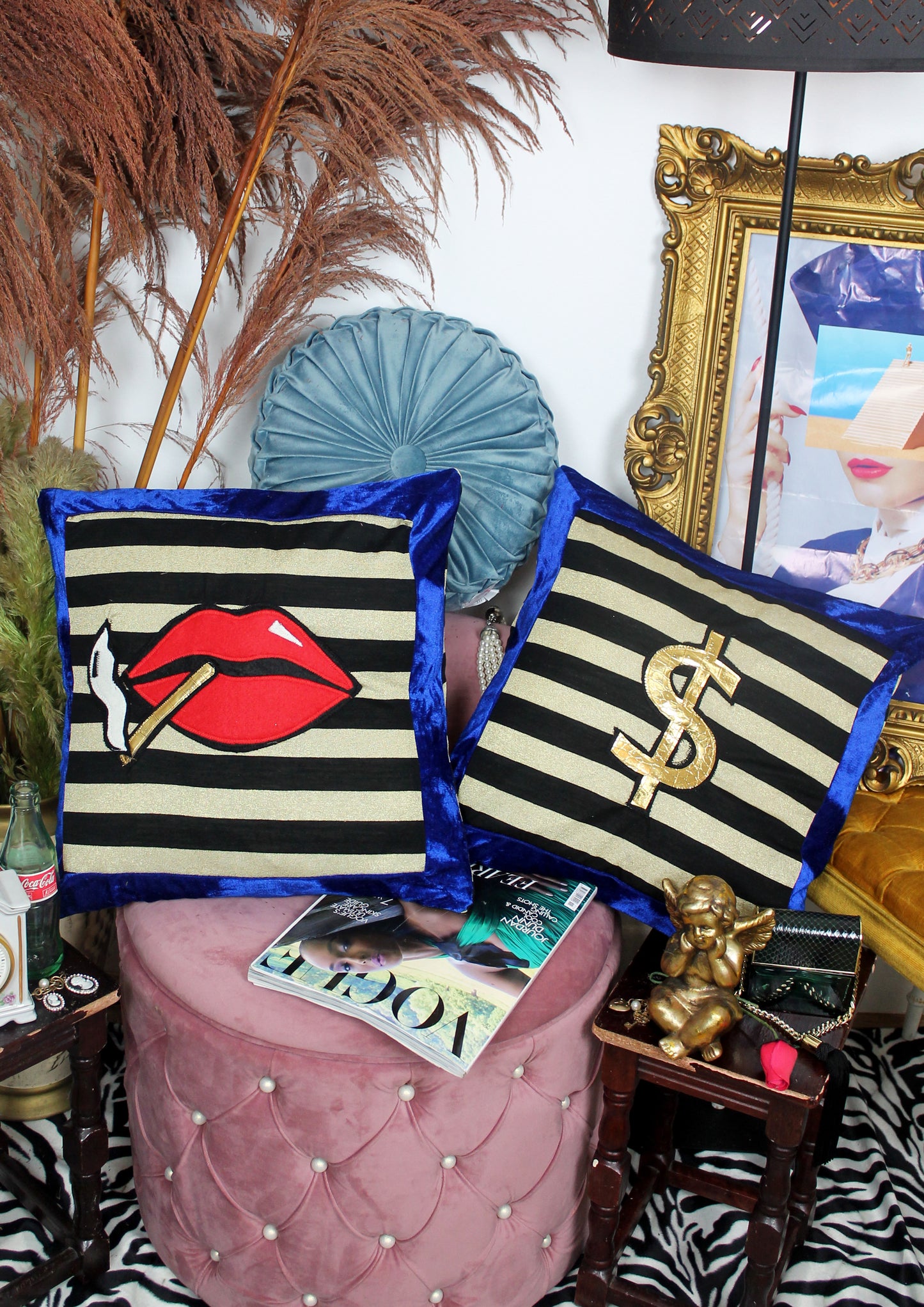 Trust Fund - handmade decorative throw cushion with gold dollar in black and gold with blue velvet trim