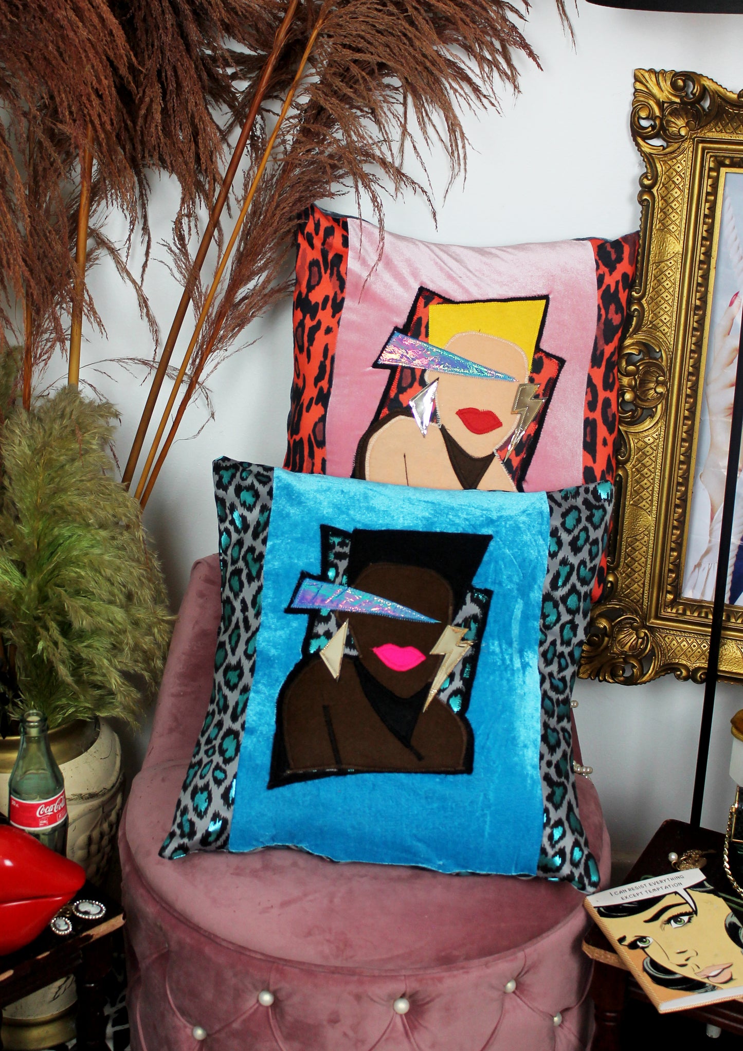 Sweet Dreams - handmade decorative throw cushion in pink and red leopard print with 80’s face appliqué.