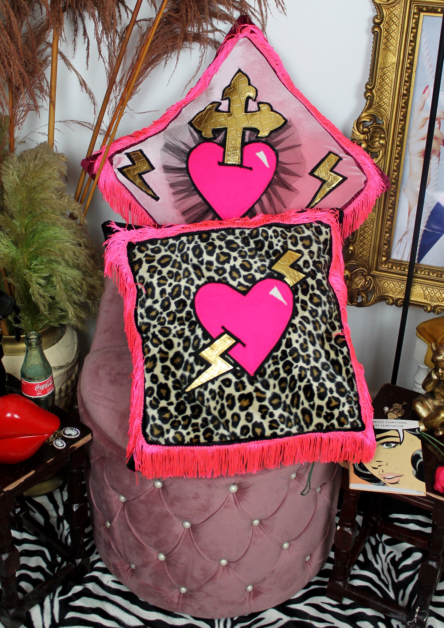 Lovestruck - decorative throw cushion in leopard print with heart and lightning bolt design