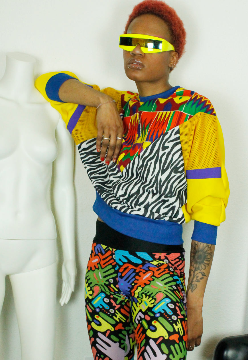 MASAI Zebra, kente and yellow panelled batwing jumper