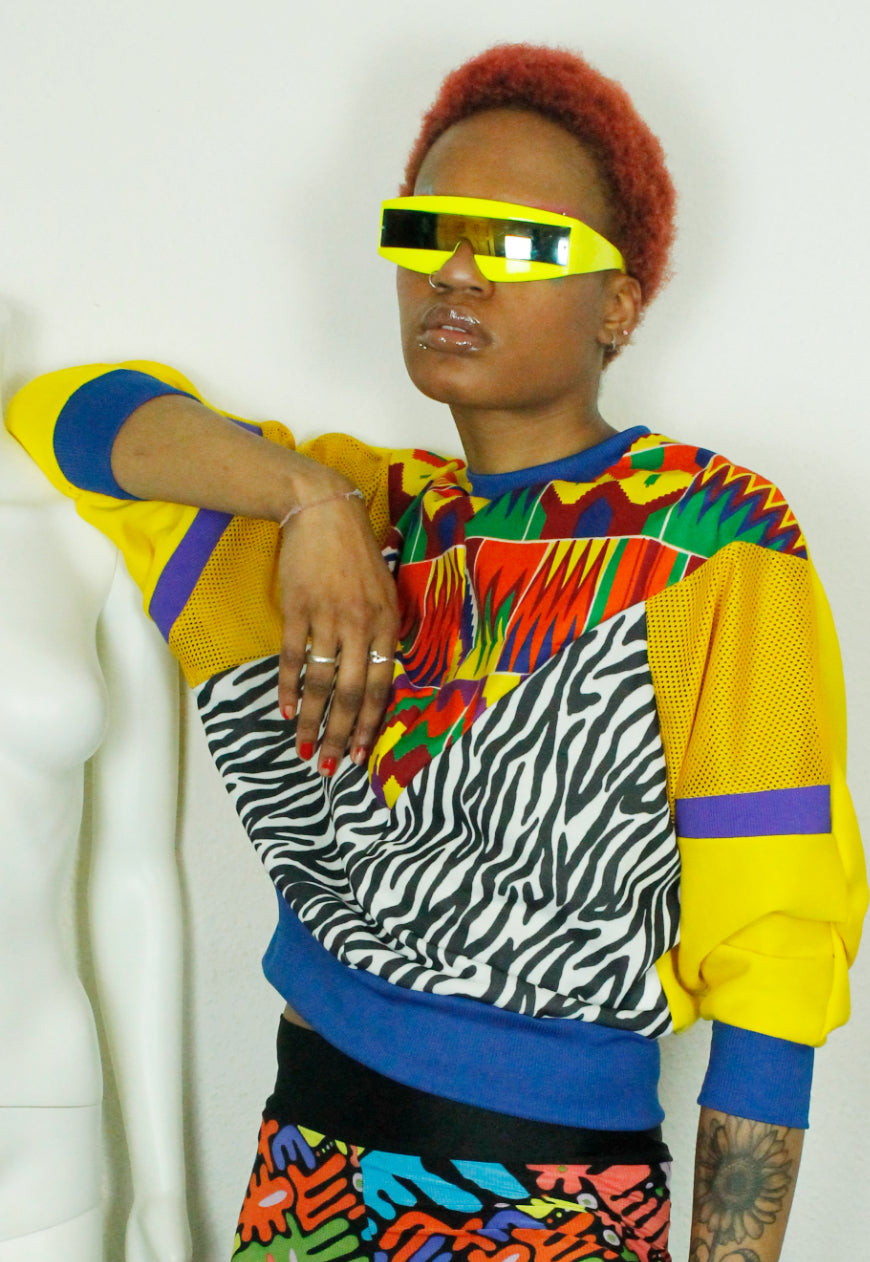 MASAI Zebra, kente and yellow panelled batwing jumper