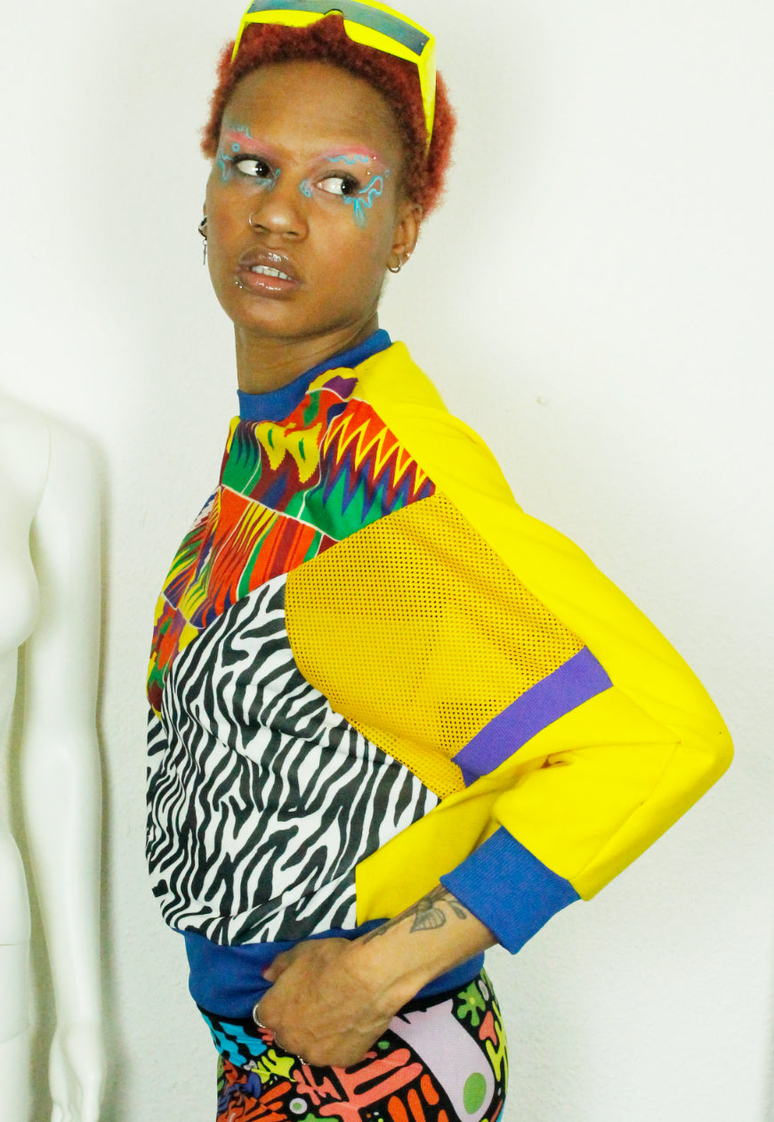 MASAI Zebra, kente and yellow panelled batwing jumper
