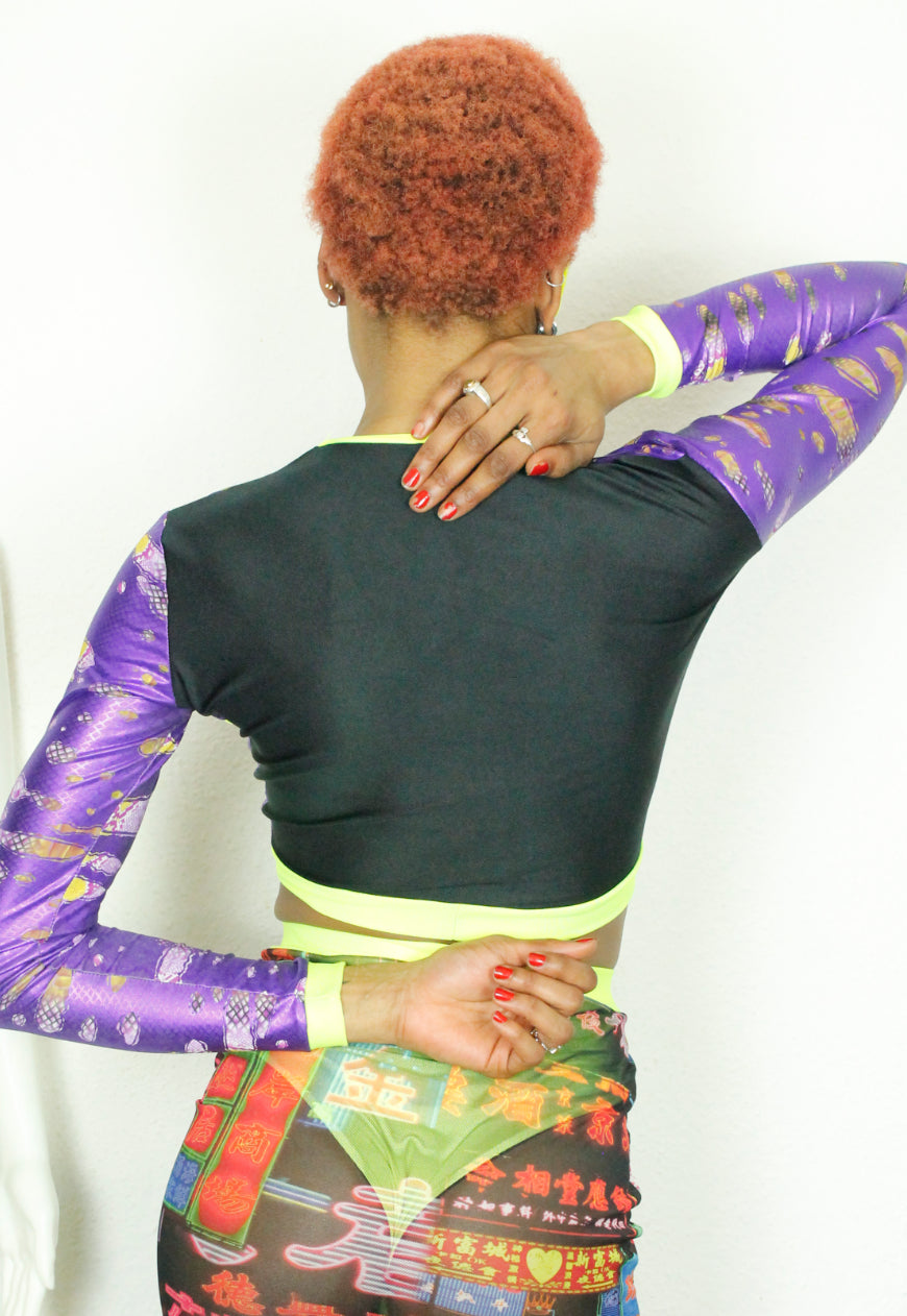 MEDUSA - Metallic purple peekaboo crop top with neon yellow trim