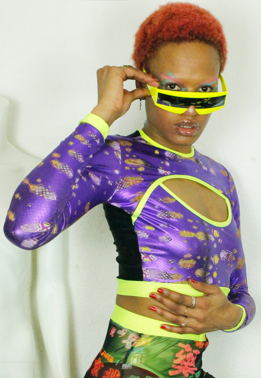 MEDUSA - Metallic purple peekaboo crop top with neon yellow trim