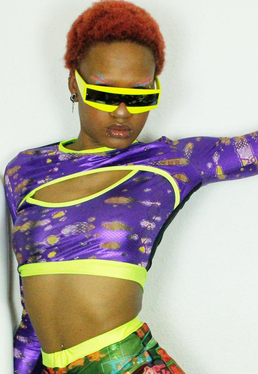 MEDUSA - Metallic purple peekaboo crop top with neon yellow trim