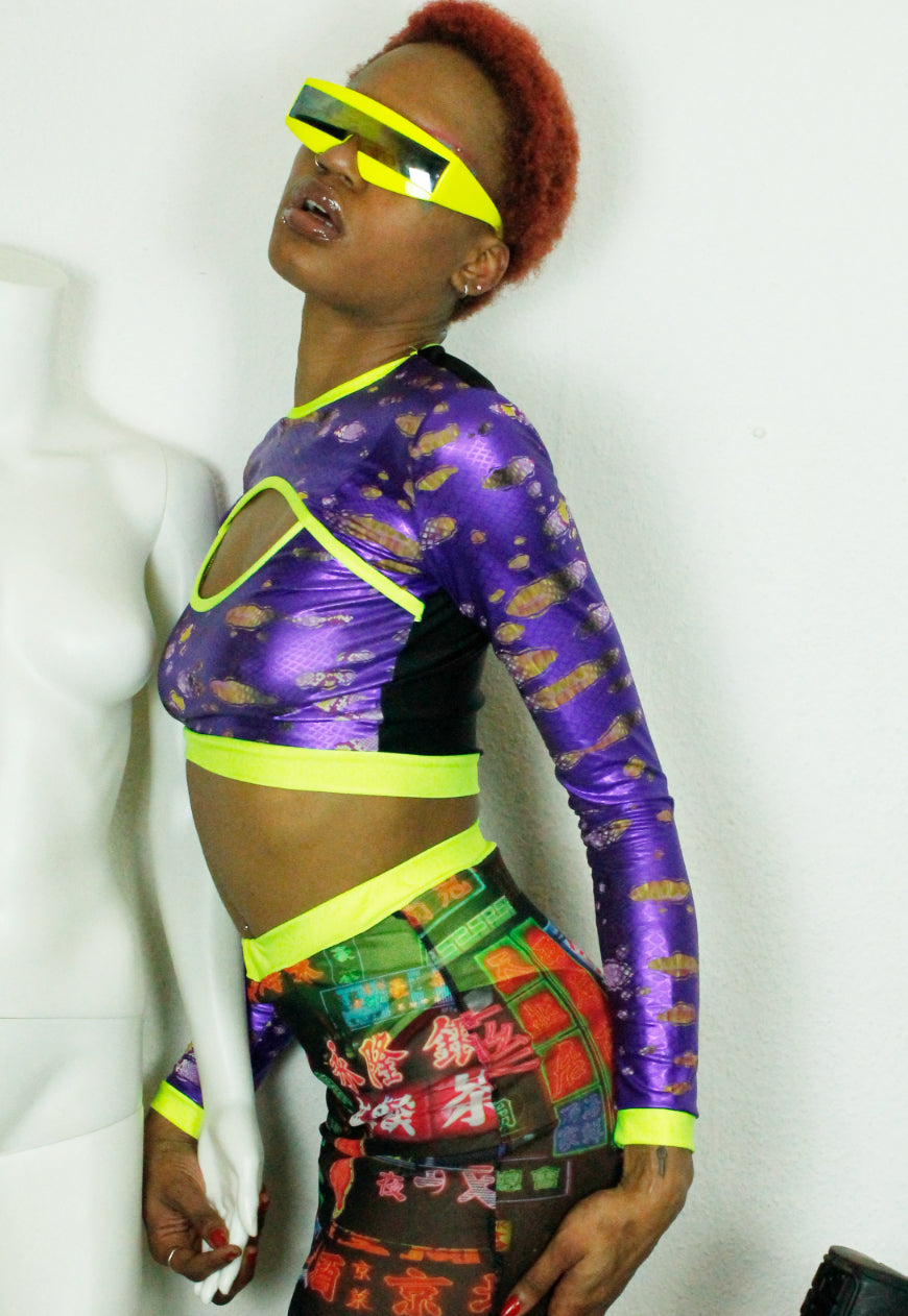 MEDUSA - Metallic purple peekaboo crop top with neon yellow trim