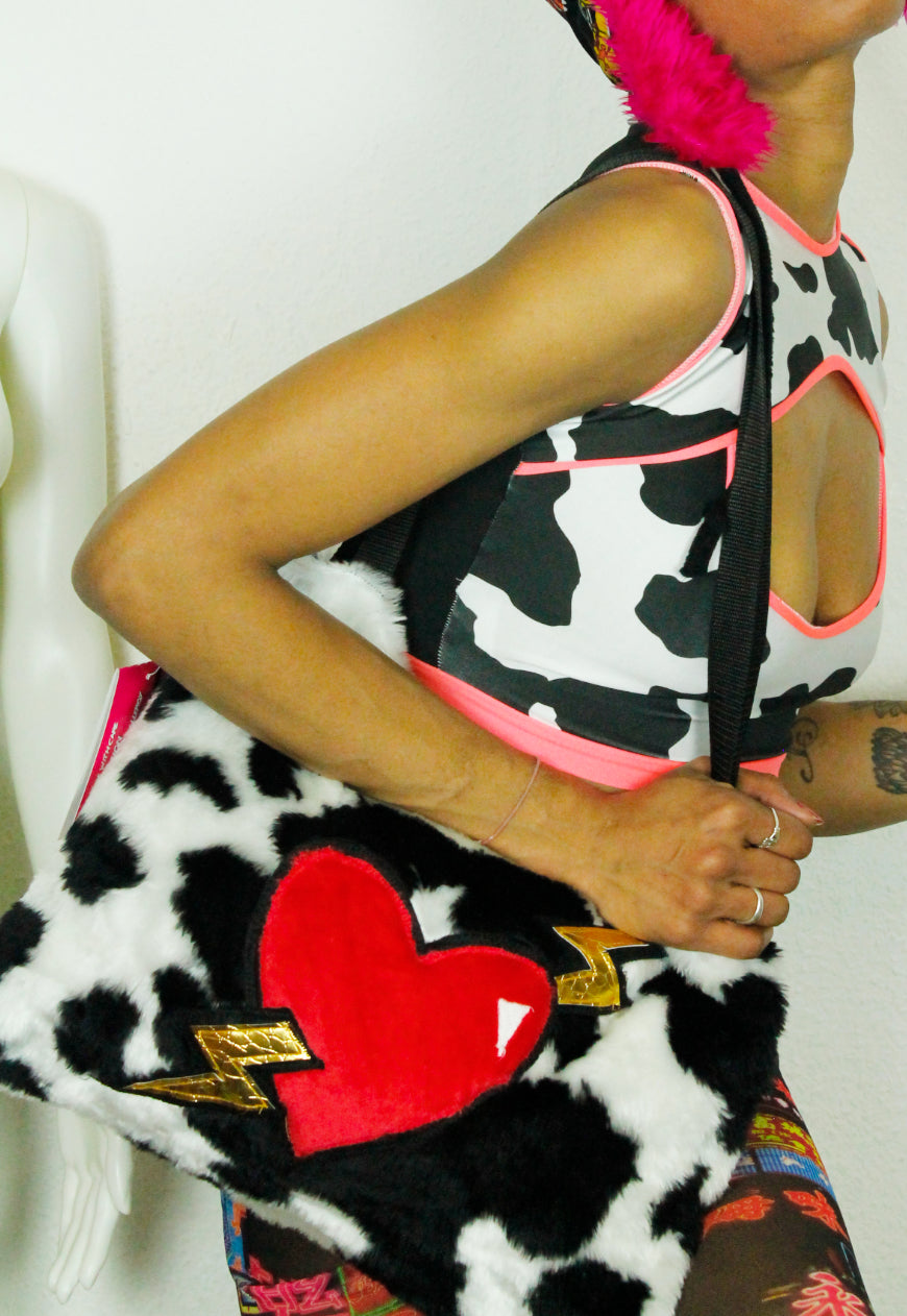 MILKSHAKE Faux fur cow print oversize tote bag with heart and lightning bolts