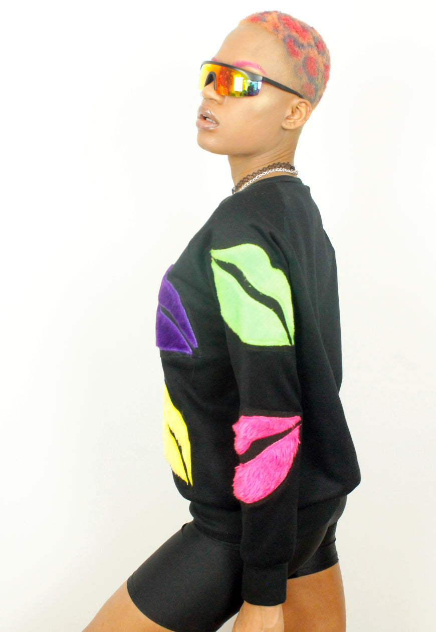 Monster kisses - oversized black sweater with multi colour lip appliques