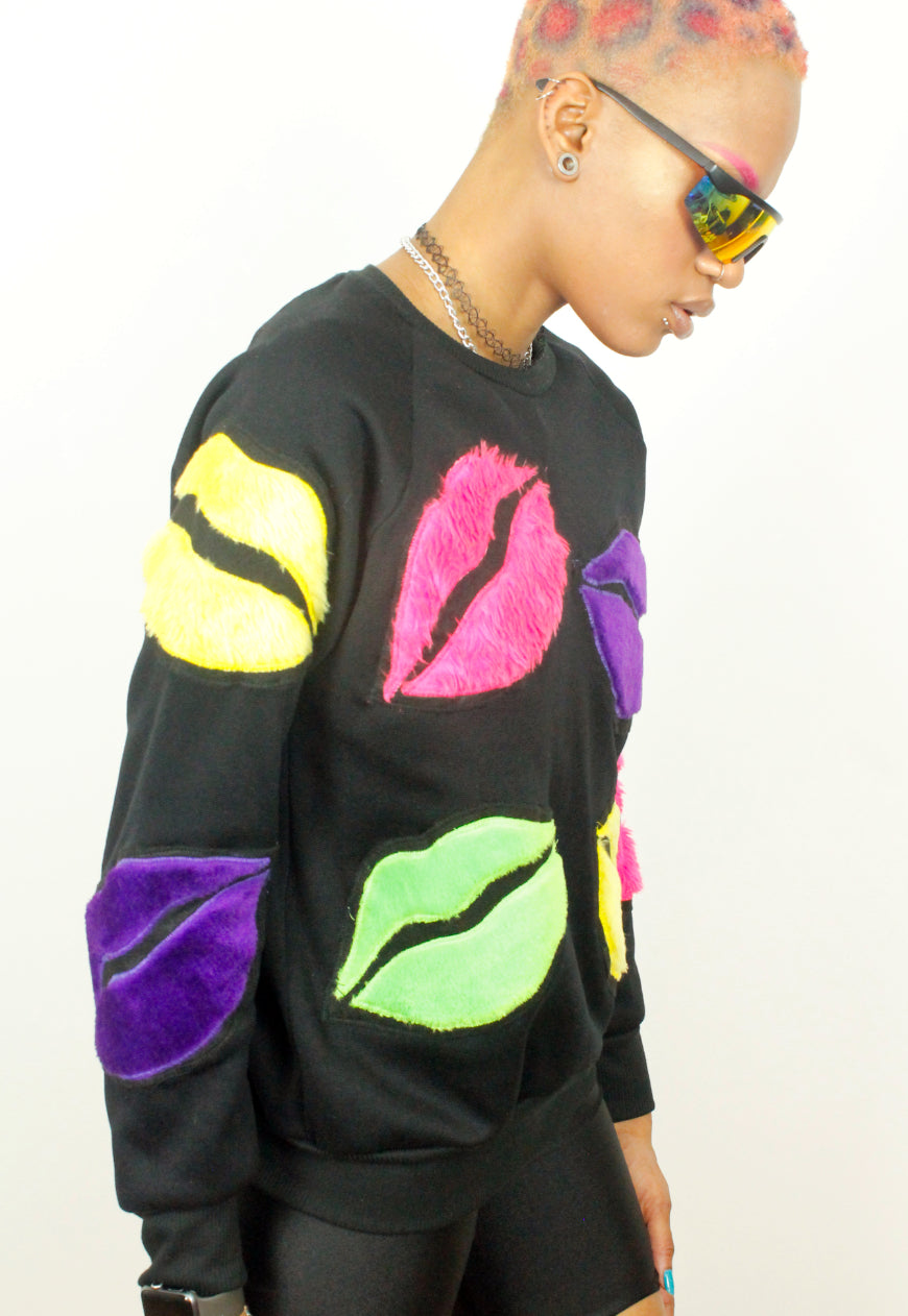 Monster kisses - oversized black sweater with multi colour lip appliques