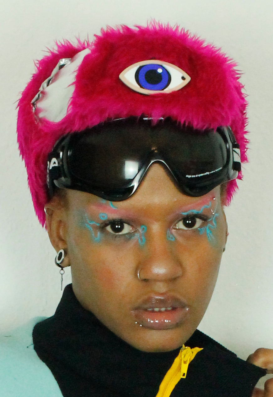 MOONRAKER Metallic silver trapper hat with pink faux fur and third eye