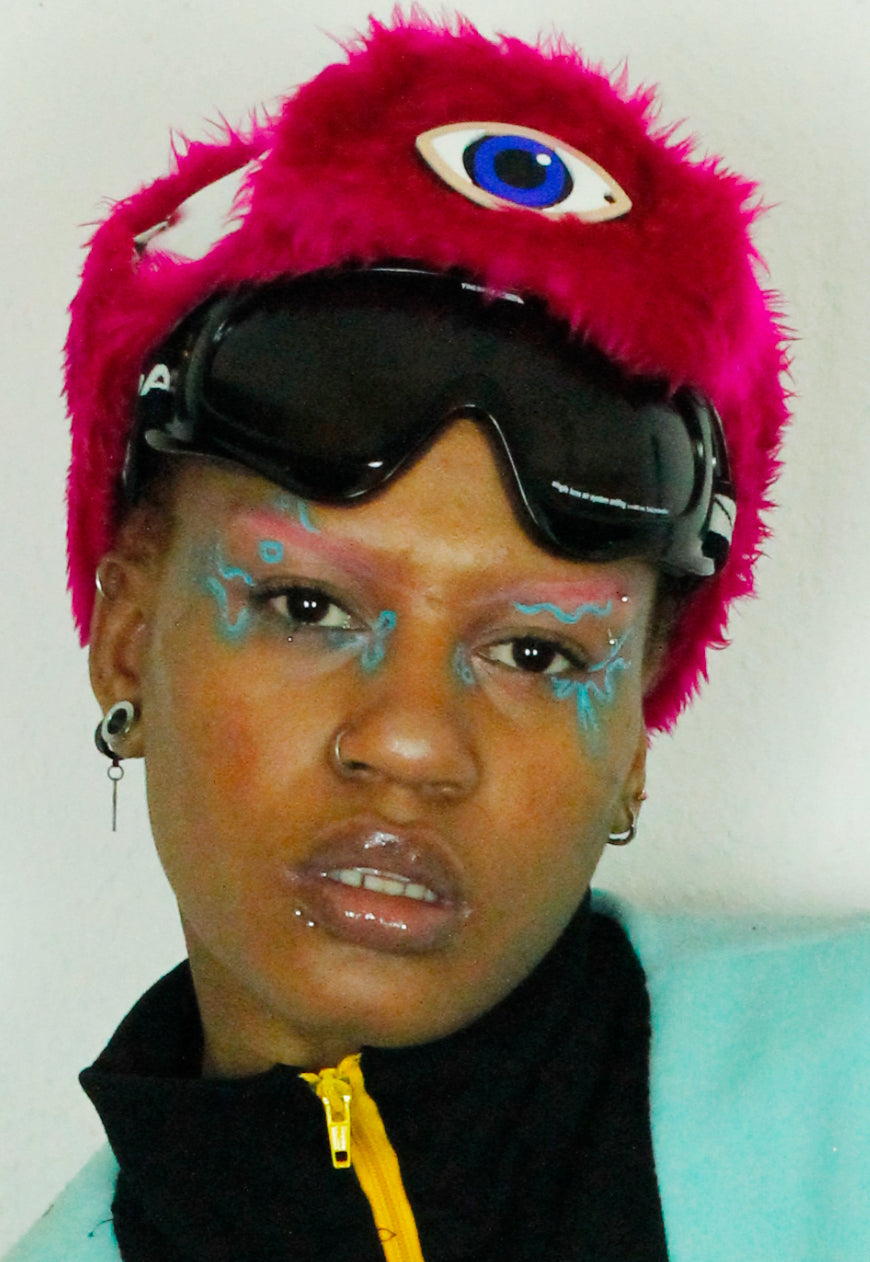 MOONRAKER Metallic silver trapper hat with pink faux fur and third eye