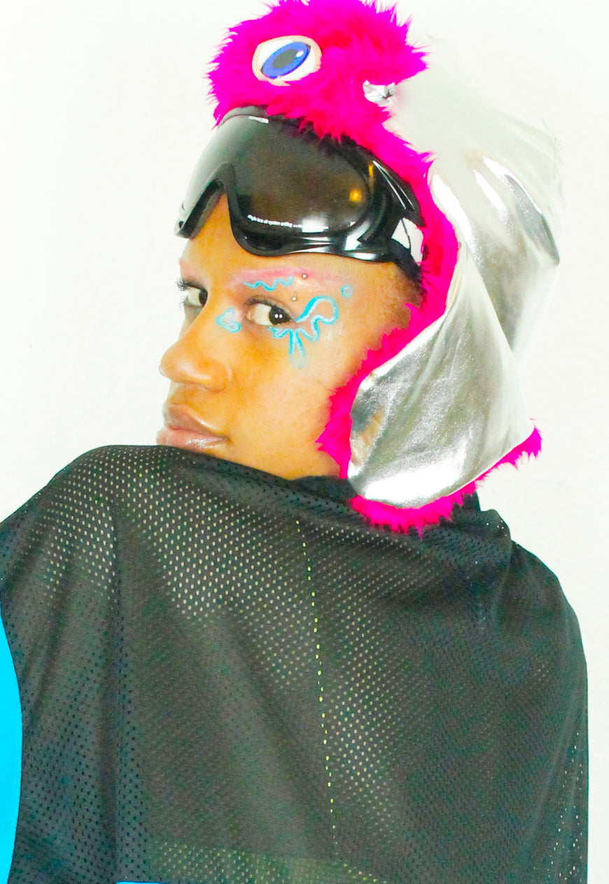 MOONRAKER Metallic silver trapper hat with pink faux fur and third eye