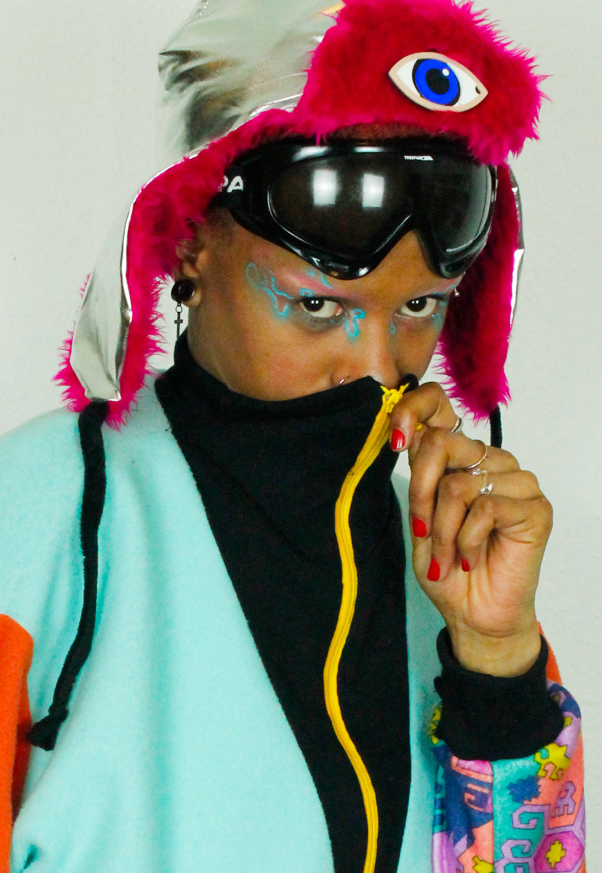 MOONRAKER Metallic silver trapper hat with pink faux fur and third eye