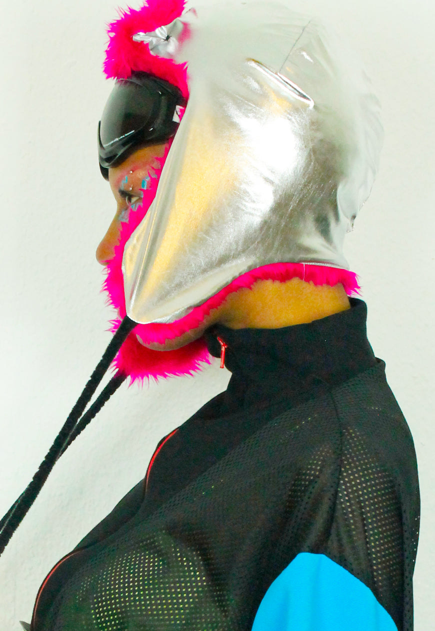 MOONRAKER Metallic silver trapper hat with pink faux fur and third eye