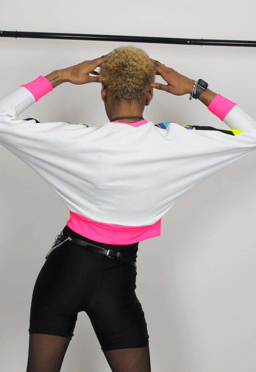 Neon Dreams - 80's print panel grey, white and black Batwing jumper with neon trim