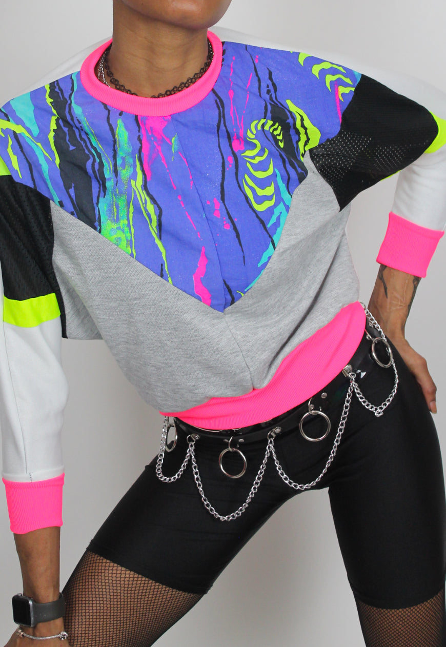 Neon Dreams - 80's print panel grey, white and black Batwing jumper with neon trim