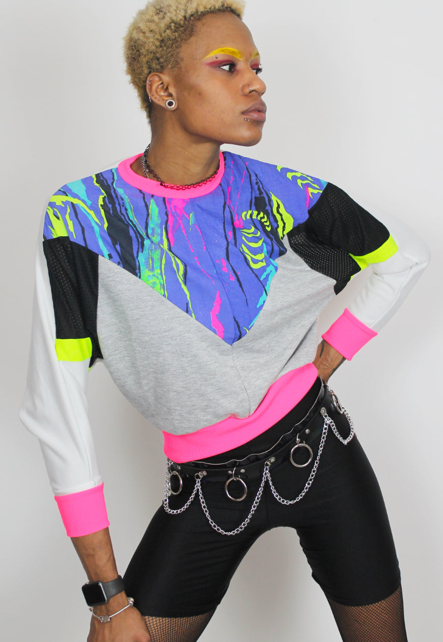Neon Dreams - 80's print panel grey, white and black Batwing jumper with neon trim