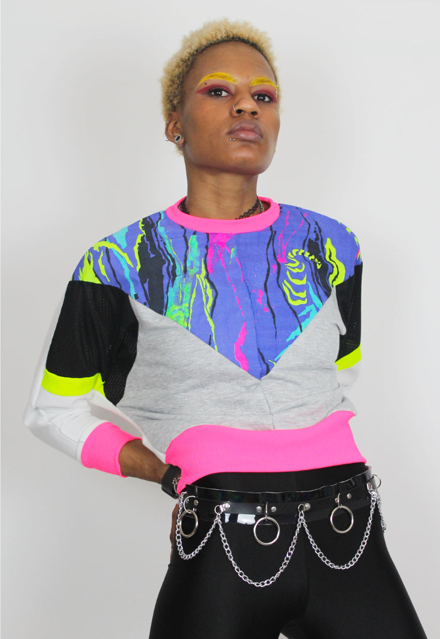 Neon Dreams - 80's print panel grey, white and black Batwing jumper with neon trim