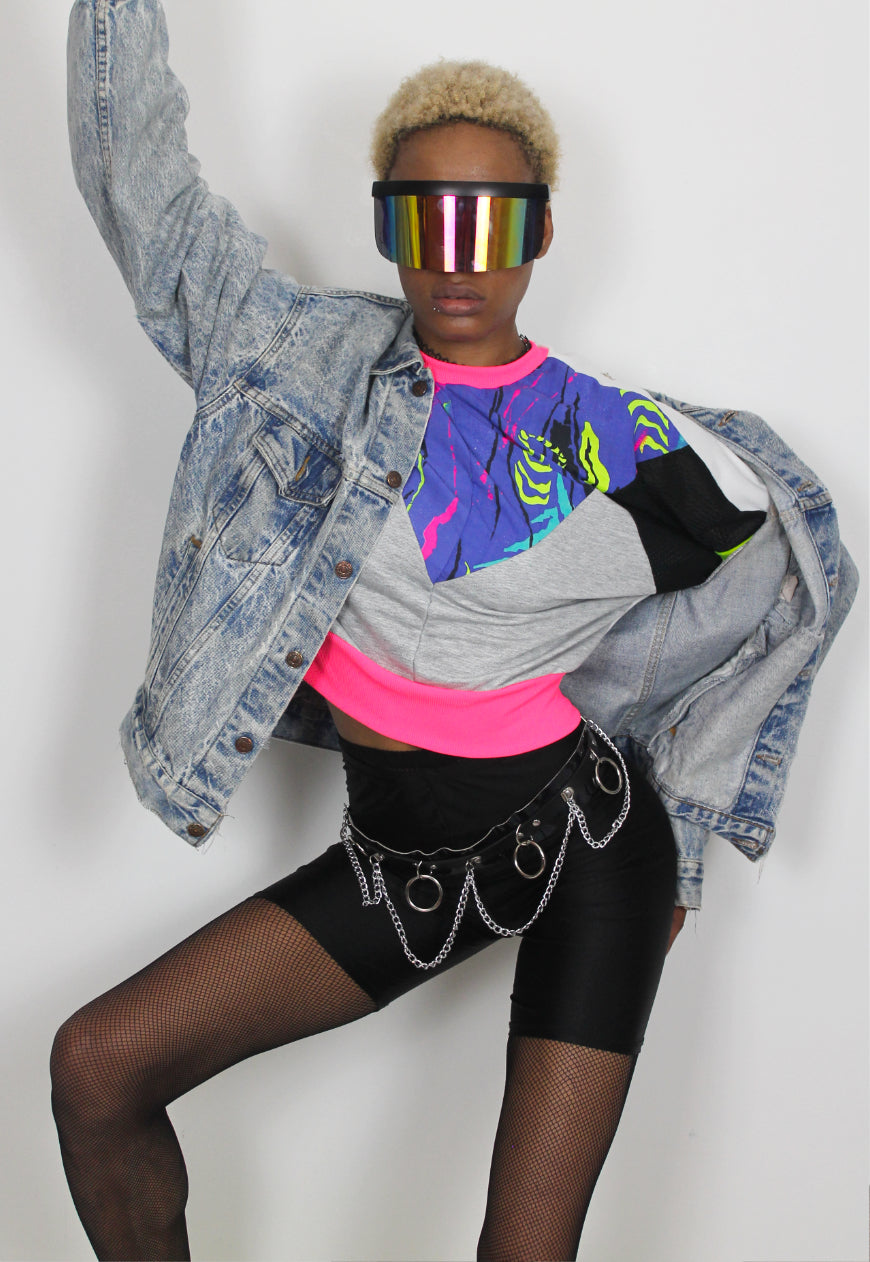 Neon Dreams - 80's print panel grey, white and black Batwing jumper with neon trim