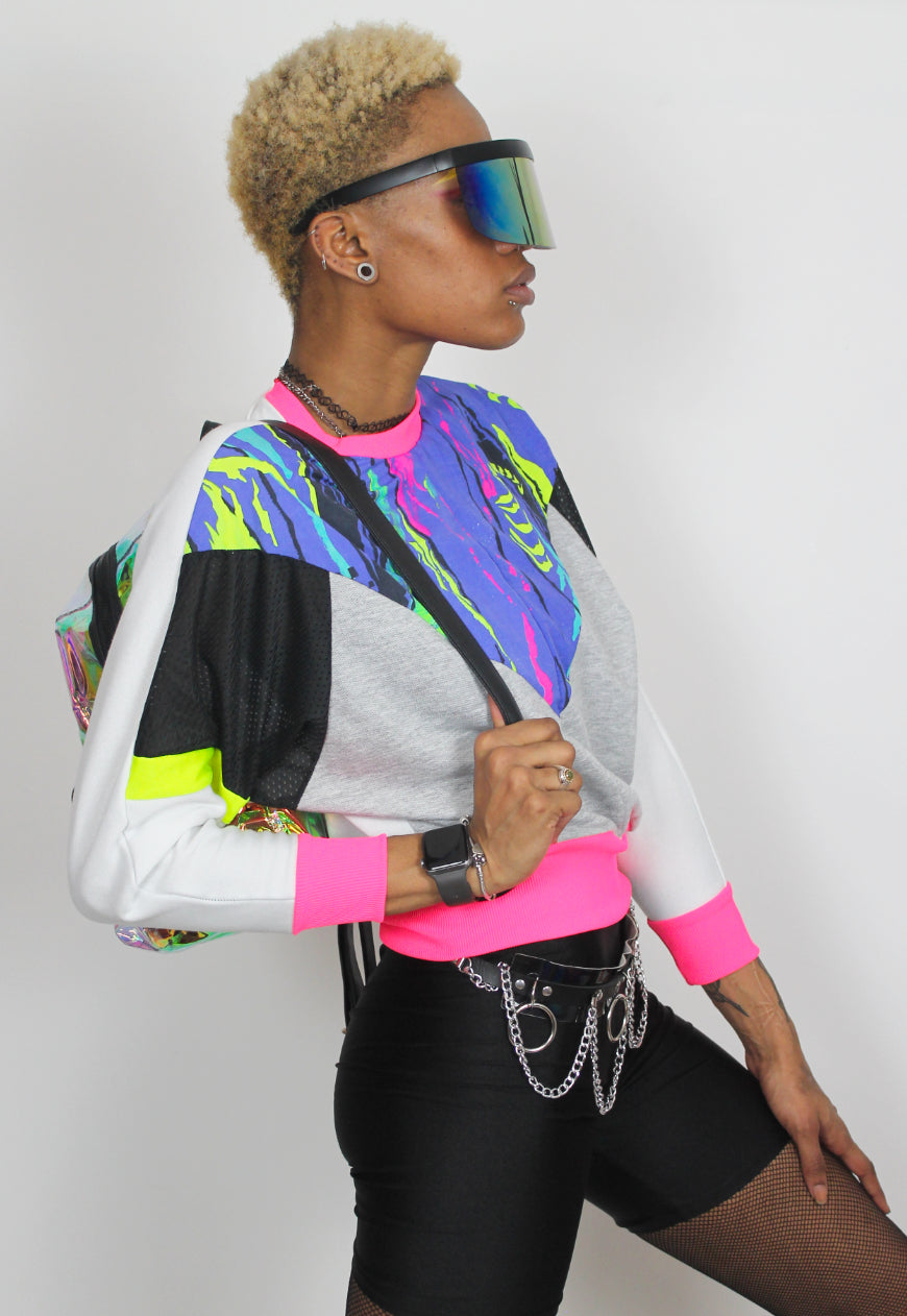 Neon Dreams - 80's print panel grey, white and black Batwing jumper with neon trim