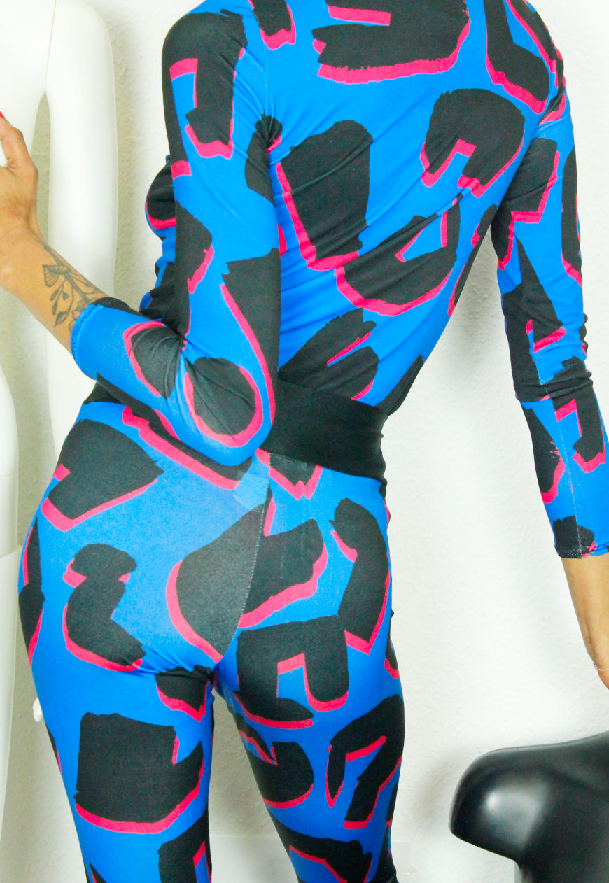 PANTHER TOP Blue and pink abstract leopard print peekaboo top