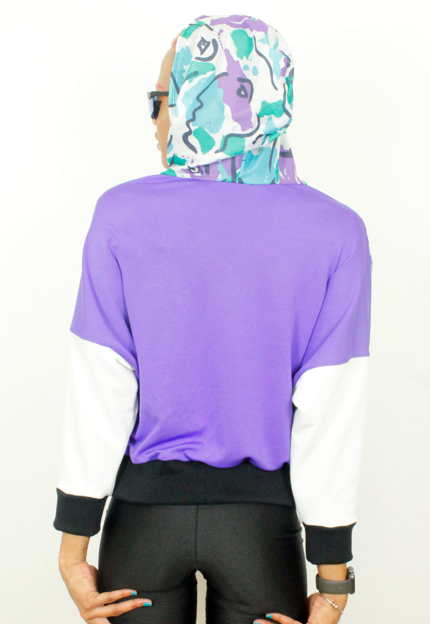 Picasso in the hood - Retro Picasso print colour block hooded top in purple and turquoise